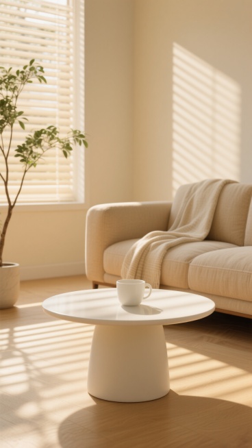 3D渲染风格室内场景，柔和明亮的暖黄色调为主，阳光透过百叶窗在地面和家具上形成清晰的条状光影，光线强度适中，阴影柔和自然，整体营造出宁静舒适、温馨惬意的氛围。画面中心为一张白色圆形茶几，桌面上放置一个简约白色陶瓷杯，茶几边缘线条流畅。背景中右侧是米色布艺沙发，沙发上随意搭着浅色毯子，质感柔软。左侧有一盆枝叶舒展的绿色植物，增添生机。采用低角度仰拍构图，聚焦茶几与沙发区域，背景虚化处理增强空间纵……预览效果