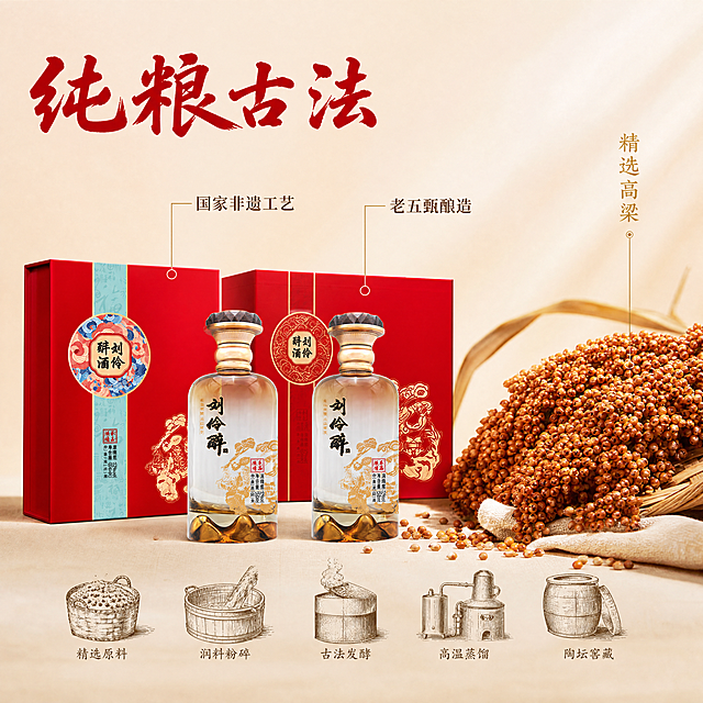 [主图-2] 刘伶醉白酒核心工艺与原料展示，氛围风格品质国风质感，画质商业摄影质感、光线柔和通透、产品清晰真实、画面干净高级，元素保持产品外观与输入图一致，展示产品整体和原料高粱的组合构图，左侧为完整双瓶礼盒展示，右侧摆放真实颗粒饱满的红高粱原料，底部点缀古法酿酒工具小示意图。商品主体占比约75%，保持产品绝对一致，精细化处理。光影自然柔和侧光，突出高粱颗粒纹理和瓶身玻璃通透感，背景简洁留白突出主体。配色主色调米白底色搭配红金产品，自然质朴高粱金黄。视角构图左产品右原料的二分构图，平视视角，清晰分层。文字版式左侧产品上方大字写"纯粮古法"，红色书法字体；右侧高粱旁标注"精选高粱"，金色小字；画面中部使用纤细引线连接产品瓶身，标注"国家非遗工艺""老五甄酿造"，文字简洁不遮挡主体，每个卖点独立标注清晰易读。画面满屏无边框，文字清晰可读。比例分辨率 1:1 比例，4k 分辨率，超高清。负向提示词 变形，水印，文字错乱，产品图模糊，背景杂乱。