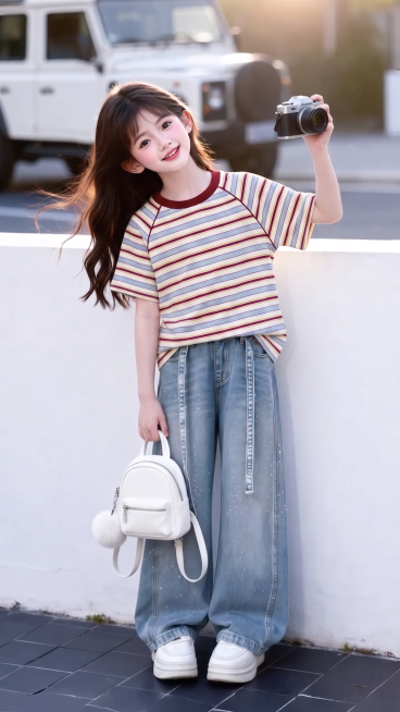 用图1的短袖替换图的2的人物穿的上衣，保留原场景光影，保持图2的人物下身穿着不变，五官和发型不变，图片宽高尺寸不变，背景不变，鞋子不变，人物姿势不变，保持图1的短袖款式材质不变和颜色不变预览效果