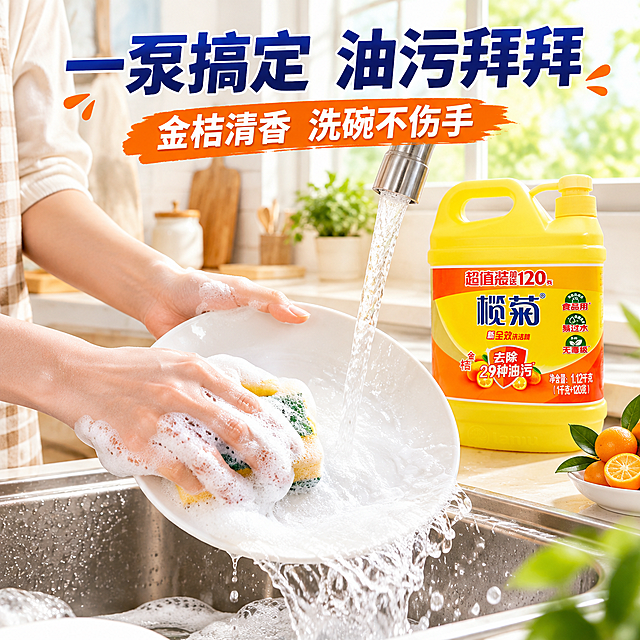 [主图-4] 榄菊全效洗洁精厨房使用场景图，真人手部洗碗瞬间，泡沫丰富，抖音生活种草风格。
[统一基调] 抖音电商主图风格，强视觉冲击高清实拍感，明亮厨房暖色调场景，主标题用粗黑体深蓝色大字，强调色用橙色和红色点缀，辅助文字深灰色，整体有生活气息和种草感。
[画面] 明亮温馨的家庭厨房水槽场景，一位亚洲年轻女性的双手正在用海绵清洗一个白色餐盘，手上和盘上有丰富细腻的白色泡沫，水流冲过餐盘表面带走泡沫露出洁净盘面。水槽旁放着榄菊新全效洗洁精黄色瓶身，泵头朝前，产品外观与输入图一致。背景是干净的厨房台面、白色瓷砖和窗户透入的自然光。手部动作自然真实，没有多余手指或畸形。
[光影质感] 明亮自然光，泡沫细腻有层次，水流通透有动感，产品立体感强，整体干净明亮有生活气息。
[配色] 明亮厨房白色和浅木色为主，产品黄色突出，蓝色标题，暖色光环境。
[文字版式] 画面上方大标题粗黑体"一泵搞定 油污拜拜"，副标题"金桔清香 洗碗不伤手"。文字清晰可读，放在画面上方空白区域，不遮挡产品和手部动作。
[输出要求] 比例1:1，2K高清，产品清晰文字锐利，无变形无错字，手部自然无畸形，画面干净不杂乱，无水印无平台Logo。