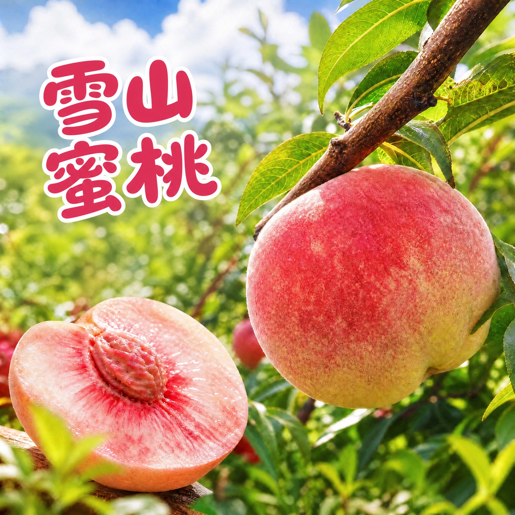 保留原图中的水蜜桃果实、桃枝、桃叶、切开的桃肉剖面、果园背景等… - 图片创意预览