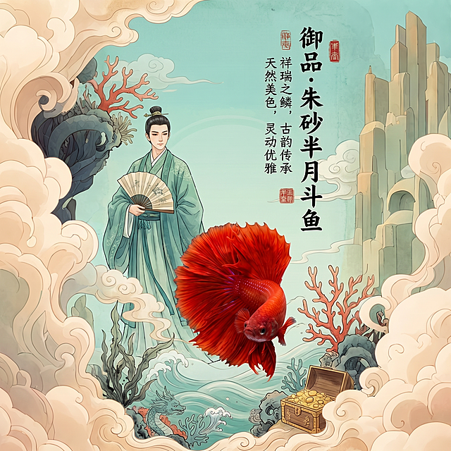 将原图片的背景颜色改成浅松石绿，把左侧的古风美女替换成一位气质儒雅的中国古风帅哥，保留斗鱼、珊瑚、宝箱和所有文字内容不变，保持原有的国风水墨风格