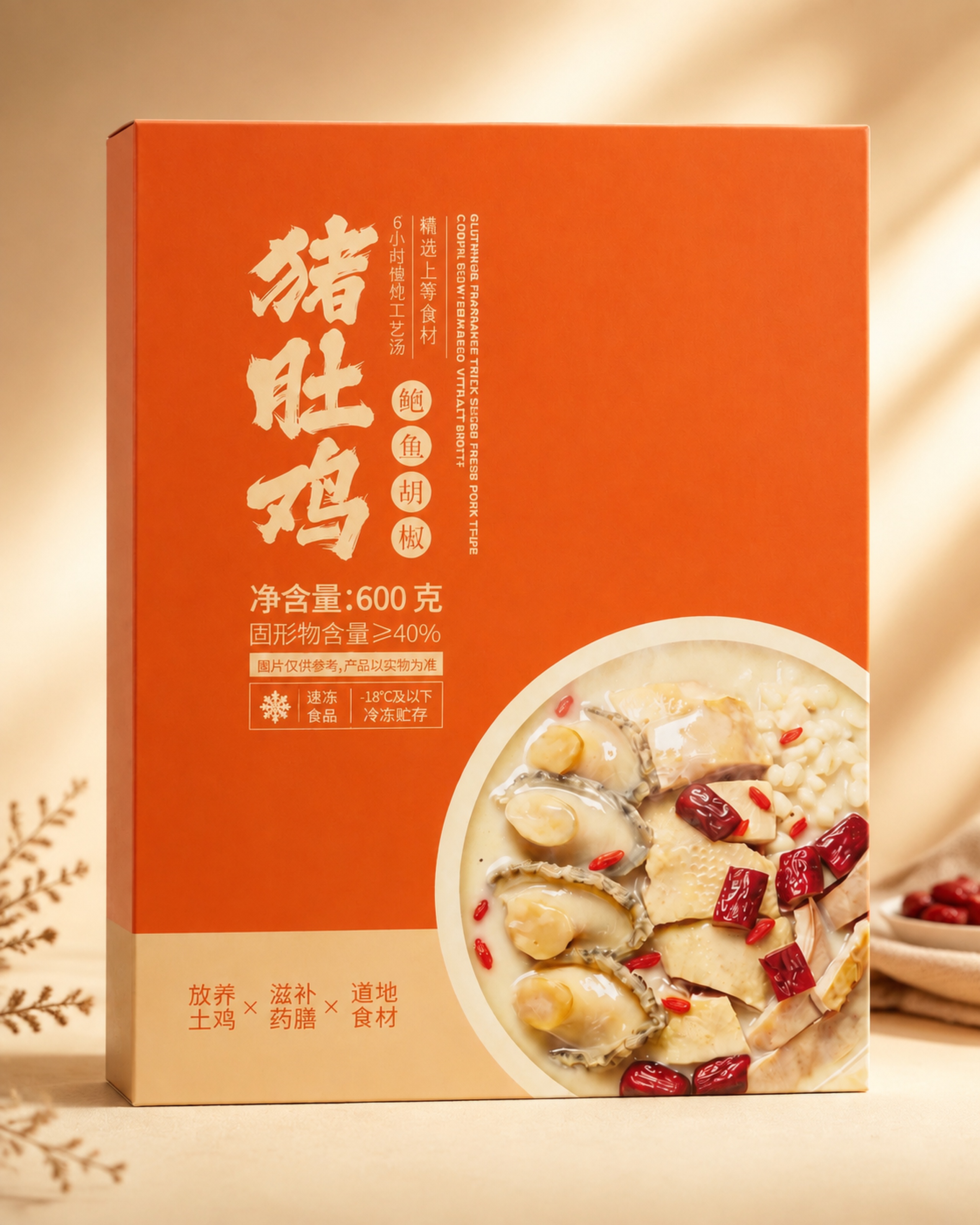 为这个猪肚鸡食品包装盒添加一个高端美食摄影风格的背景和自然投影… - 图片创意预览