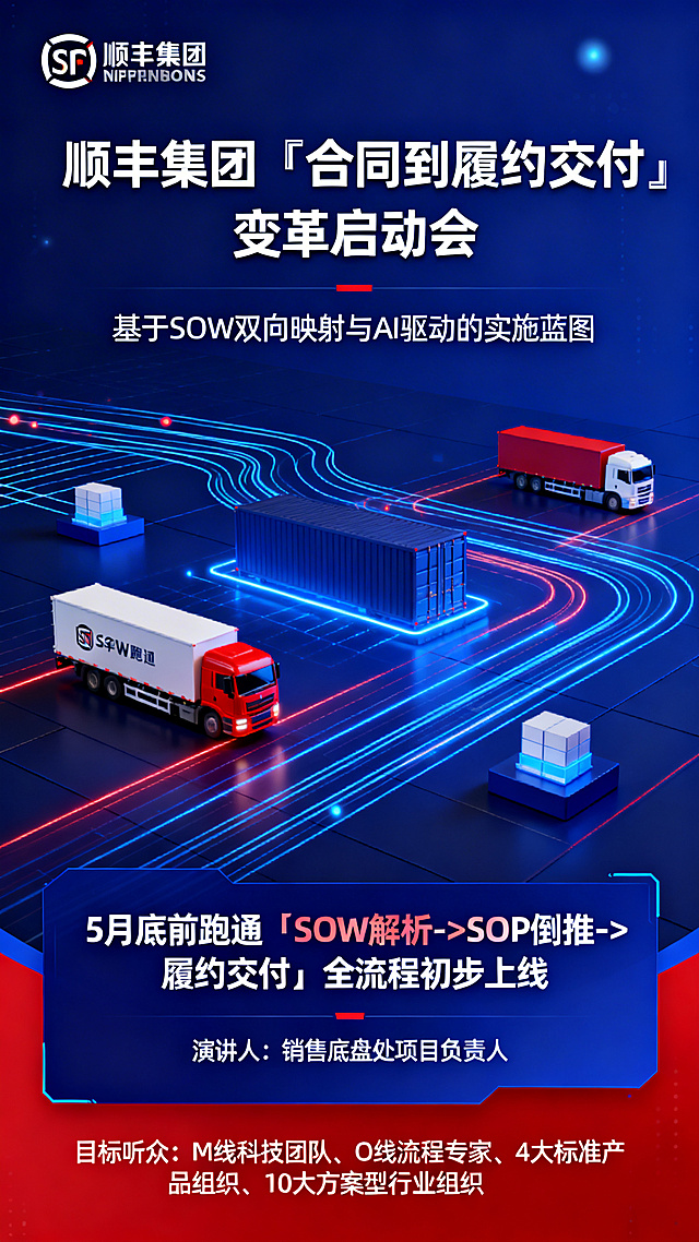 顺丰集团企业会议海报，正式商务风格，蓝红为主的顺丰品牌配色，画面顶部居中显示大标题"顺丰集团『合同到履约交付』变革启动会"，副标题为"基于SOW双向映射与AI驱动的实施蓝图"，下方标注演讲人：销售底盘处项目负责人，目标听众：M线科技团队、O线流程专家、4大标准产品组织、10大方案型行业组织，底部突出显示核心目标：5月底前跑通『SOW解析->SOP倒推->履约交付』全流程初步上线，搭配科技感线条、物流相关元素点缀，整体大气专业，符合企业正式会议调性