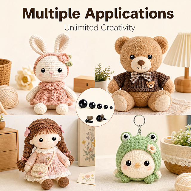 [Main Image 7] Show multiple applicable scenarios. [Style] Warm cozy minimalist. [Quality] Commercial photography texture, HD 8K clear picture, even light and shadow, no noise, real product texture. [Elements] Light beige background, collage display of multiple handmade works installed with our black eyes: crochet rabbit, teddy bear, plush doll, plush keychain, visually show compatibility with different dolls. Neat layout, each finished work clearly shows the effect. Keep product appearance consistent with input image, eliminate deformation and color difference. [Lighting] Soft even lighting, warm cozy atmosphere, natural highlights. [Color Matching] Light beige warm background, natural accent from colorful finished dolls. [Composition] Collage layout, balanced display of multiple works. [Text Layout] Main title "Multiple Applications" centered, enlarged and bold on upper half, subtitle "Unlimited Creativity" centered below, slim and light font. Text is clear readable, does not cover works, dark text has strong contrast with light beige background. [Resolution Ratio] 1:1 ratio, 2048px*2048px, ultra HD. [Negative prompts] Deformed, watermark, text garbled, blurry product, messy background, text covering subject.