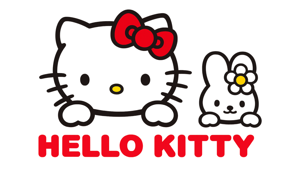参考图中的Hello Kitty和小兔子风格，重新生成清晰的画面内容，保持Hello Kitty带红色蝴蝶结，小兔子带黄色花心白花，下方有红色HELLO KITTY文字，透明背景，黑白红配色不变预览效果
