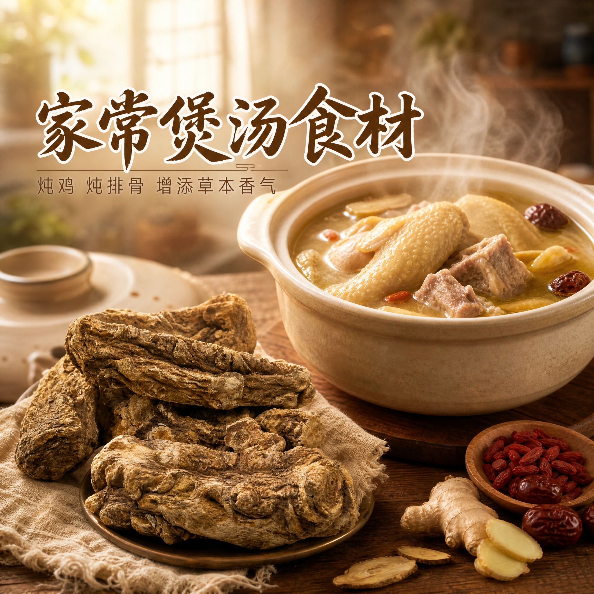 [主图-4] 煲汤场景图，主题：家常煲汤食材。核心任务是展示当… - 图片创意预览