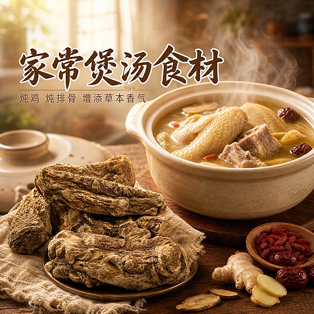 [主图-4] 煲汤场景图，主题：家常煲汤食材。核心任务是展示当归头在家庭煲汤中的使用场景，唤起食用联想，传递炖鸡炖排骨增添草本香气的卖点。
[统一基调] 国风品质食材风格，暖棕米白主色调，深棕色主标题配米白描边，辅助文案用浅褐色细黑体；自然暖阳逆光，温馨家庭厨房氛围，商业美食摄影质感。
[画面] 画面主体：厨房台面上，一只陶瓷砂锅或炖盅中盛放着刚炖好的鸡汤/排骨汤，汤面冒着热气，汤中可见鸡块或排骨，旁边摆放着2-3根完整的当归头作为原料展示，产品占画面约50%；当归头外观与输入图一致——棕褐色外皮、纹理自然；砂锅放置在木质餐桌上，周围点缀枸杞、红枣、姜片等煲汤配料，以及一块亚麻餐布；背景为虚化的温馨厨房场景，有柔和的自然光从窗户照入；画面有热气升腾的朦胧感，营造温暖家常的氛围。
[光影质感] 自然暖阳窗边光，从侧后方打光，汤面有金色高光，热气被光线照亮形成丁达尔效果；当归头在侧光下纹理清晰，砂锅有温润光泽；整体暖调美食摄影质感，令人有食欲和温暖感。
[配色] 背景暖黄米色厨房虚化，汤品金黄汤色，产品棕褐色，餐桌深木色；标题字深棕色配米白描边，辅助字浅褐色；整体暖调温馨统一。
[文字版式] 画面左上或右上区域放置主标题，主标题使用粗厚国风书法体，大字："家常煲汤食材"，字号最大；主标题下方辅助小字："炖鸡 炖排骨 增添草本香气"，细黑体，字号约为主标题的40%；文字放在画面上部负空间，不遮挡汤品和当归主体；排版温馨自然，符合家庭食材调性。
[输出要求] 1:1正方形，2048x2048，2K分辨率；文字清晰可读无错字，汤品诱人有热气，当归头外观与输入图一致不变形；负向：禁止变形、错字、模糊、夸张功效宣传、治疗暗示、水印、平台Logo、杂乱背景。
