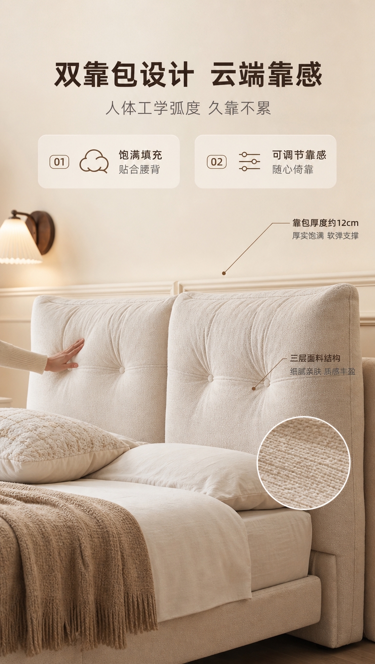 [商品] 使用【图1】C级布艺04系列高脚齐边布艺床，米白色布… - 图片创意预览