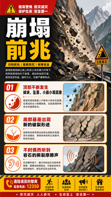 地质灾害预兆和防范措施宣传海报，标题为"崩塌前兆"，内容包含：顶部不断发生掉块、坠落、小崩小塌现象；底部基座出现新的破裂形迹；不时偶然听到岩石的撕裂摩擦声。采用科普宣传风格，配色醒目安全警示，构图清晰预览效果