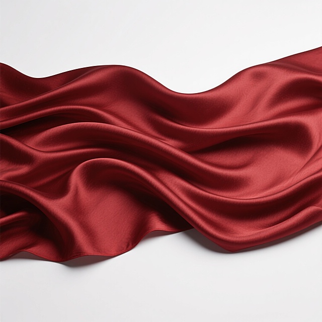 飘逸的酒红色真丝面料，呈现出流畅自然的波浪形态，具有细腻的光泽感和柔软的垂坠质感，背景为纯白色，整体画面简洁优雅，光影过渡柔和，突出丝绸的顺滑与灵动。