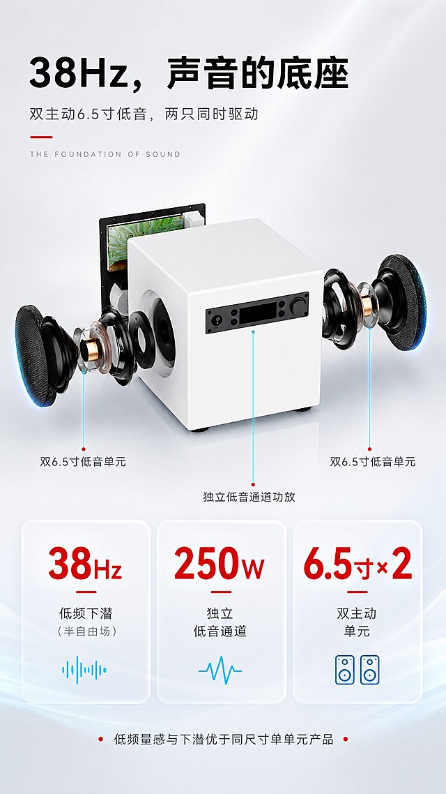[商品] 使用【图48】双扬声器展开图与【图51】爆炸分解图；保留低音单元、磁路、音圈、绿色PCB、白色箱体与网罩的原有结构和配色，清晰化金属与振膜质感，不改变结构。
[画面] 详情页第4张低音内核技术页：上部结构大图占45%，展示双6.5寸低音单元；下部三张白色半透明圆角数据卡（38Hz/250W/双6.5寸×2），科技青细线引线指向单元与功放位置；浅灰白背景大留白，模块化高端排版。
[视觉] 套系策略：风格=高端科技品牌详情页风；标题字=思源黑体粗体；正文字=简洁无衬线体；主色=浅灰白渐变#F5F6F8→#EAECEF；背景延展=浅灰白渐变、柔和光晕、轻投影；强调色=品牌红#E60012用于数字下划线与圆点，科技青#00D4FF用于引导线与光效，均小面积；标题色=纯黑#000；正文色=中灰#555；辅助色=浅灰#999；组件=白色半透明圆角卡片、细线引线、大数字数据卡；光影=柔和顶光+轻投影悬浮感。
[文字] 主标题“38Hz，声音的底座”，副标题“双主动6.5寸低音，两只同时驱动”+英文装饰“THE FOUNDATION OF SOUND”；三张数据卡：“38Hz 低频下潜（半自由场）”“250W 独立低音通道”“6.5寸×2 双主动单元”；底部一行说明“低频量感与下潜优于同尺寸单单元产品”；所有文字横向排版，不遮挡结构主体。
[规格] 9:16竖版1080x1920，4K，避免变形、错字、文字过小、竖排斜排文字、中文乱码、平台Logo、水印；背景保持浅灰白高端底。
