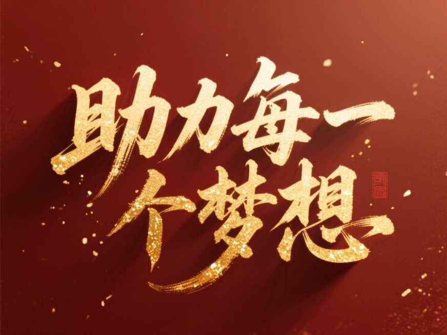 文案“助力每一个梦想”，金色字体，红棕色背景，红金，中式预览效果
