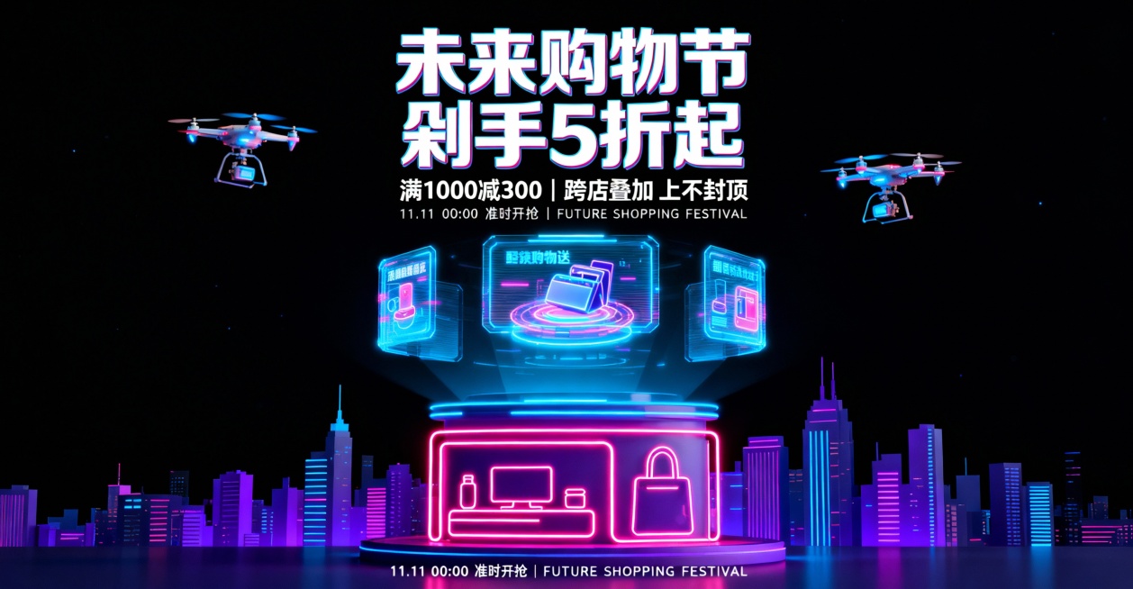 未来购物节双11促销海报，底部赛博朋克城市剪影，中层霓虹灯管勾勒产品轮廓，上层悬浮发光优惠信息，包含无人机配送、全息广告元素，主标题'未来购物节 剁手5折起'，副标题'满1000减300 | 跨店叠加预览效果