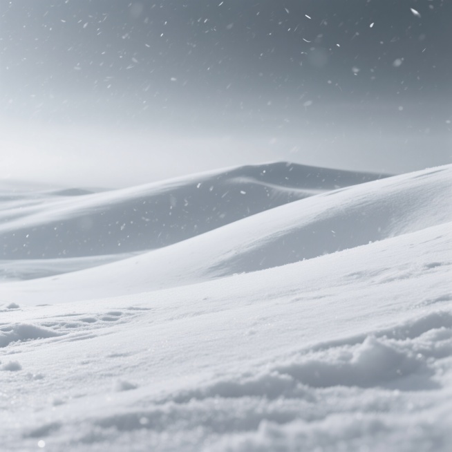 雪地以-15°倾角绵延，营造动态视觉层次。天空由浅灰到深灰渐变，为场景注入静谧的冬季气息。细密雪丝在空中飘落。整体色调保持冷冽的高级灰，传递出冬季独有的清冽与高级感。纯场景，不放任何产品，高清，写实，预览效果