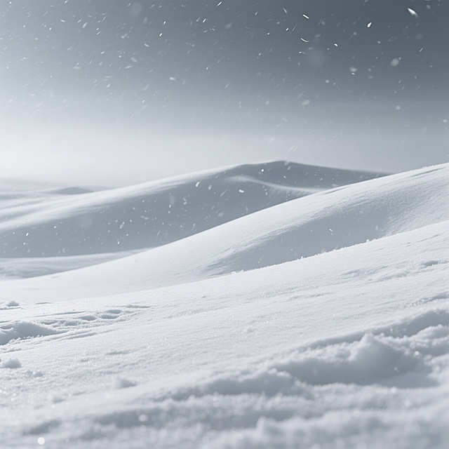 雪地以-15°倾角绵延，营造动态视觉层次。天空由浅灰到深灰渐变，为场景注入静谧的冬季气息。细密雪丝在空中飘落。整体色调保持冷冽的高级灰，传递出冬季独有的清冽与高级感。纯场景，不放任何产品，高清，写实，特写