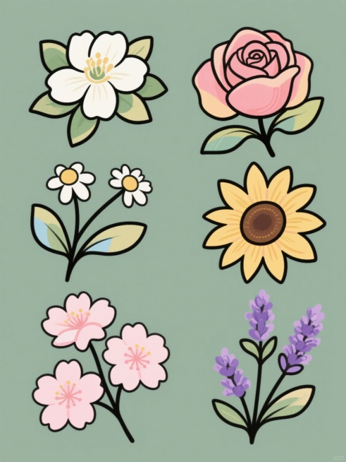 一套采用手绘风格的花朵素材套系，包含茉莉花、玫瑰花、小雏菊、向日葵、樱花、薰衣草。所有花朵均以清晰流畅的黑色轮廓线勾勒，内部填充柔和明亮的色彩，花瓣和叶片有细腻的渐变过渡和自然的阴影表现，呈现出简洁明快又不失精致感的插画风格，整体视觉统一和谐。预览效果