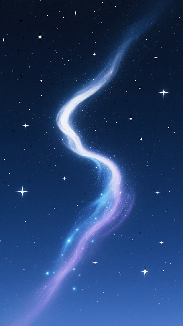 深邃的深蓝色渐变星空背景，无数闪烁的白色星星分布其中，中央偏上位置有一条明亮的乳白色星云带蜿蜒而下，星云带中点缀着浅蓝色和淡紫色的光晕，整体呈现出宁静而神秘的宇宙氛围，画面干净简洁，没有任何文字或图案元素干扰，只有纯粹的星空景象。