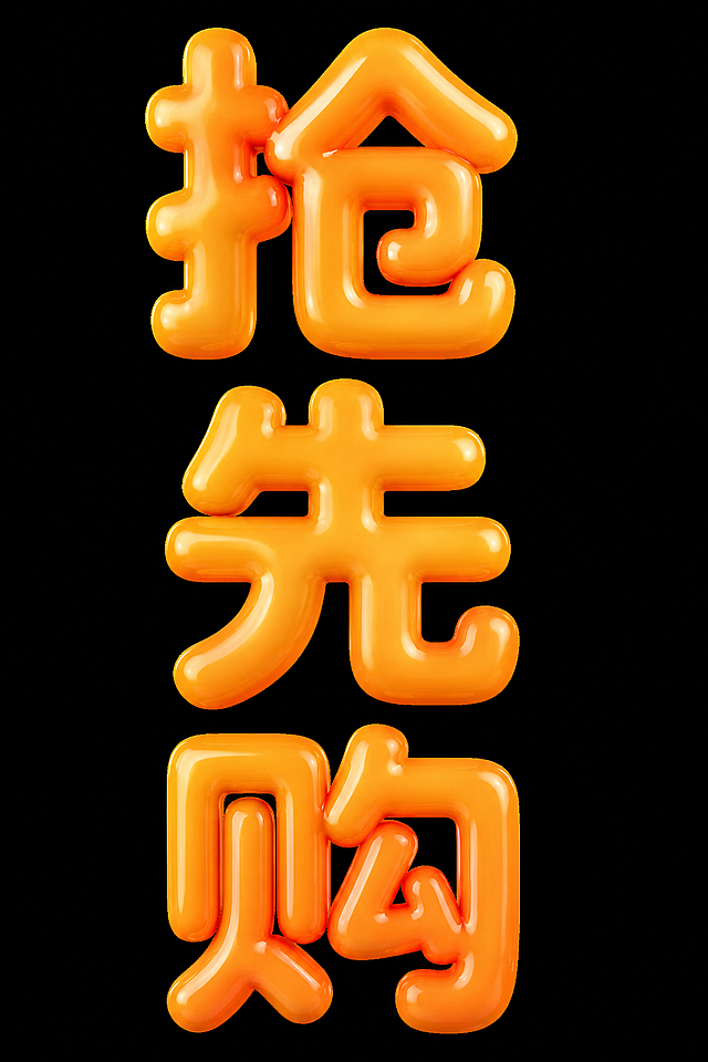 参考图中数字的橙色充气气球质感、3D立体光泽效果，生成文字“抢先购”，去除原参考图中的所有数字