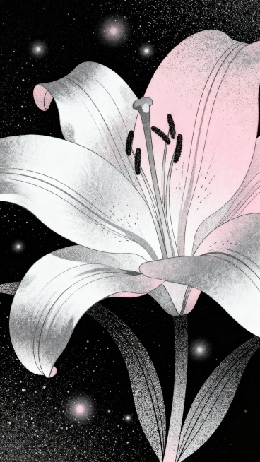 先锋实验性极简插画，以抽象手法重构百合花形态。银白与浅粉渐变在黑色噪点背景中晕染，大面积负空间营造呼吸感。半调网屏叠加细微线段，勾勒花瓣流线型轮廓及茎脉自然生长轨迹。朦胧光晕点缀花蕊，颗粒质感肌理暗藏预览效果