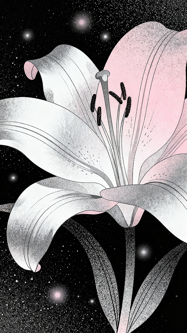 梦幻感插画风，唯美元素与描边技法融合，虚拟自然中的粉白花影在星点噪点背景中绽放，粒子光晕点缀，优雅文艺氛围氤氲。