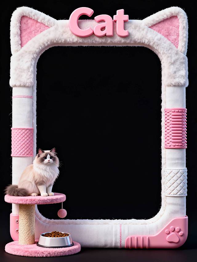 边框为猫窝的轮廓，白粉色调，融合玩具模型，左下角布偶猫在猫爬架上面，猫爬架下面有个猫粮盆；边框环绕短绒材质、帆布材质与橡胶纹理，标有 “Cat” 大字字母。