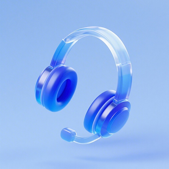 联系客服图标，耳机样式，3D玻璃磨砂渐变蓝风格，浅蓝色背景