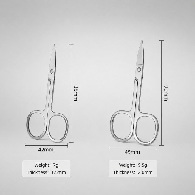 [主图3] 修眉剪产品规格对比展示。保持修眉剪外观和材质与原图一致，画面左右分别展示两款不同规格的修眉剪（7g 1.5mm和9.5g 2.0mm），背景为浅灰色渐变。清晰标注每款产品的尺寸和重量参数，预览效果