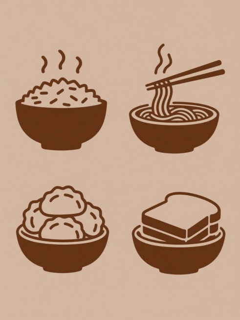四个棕色剪影风格食物图标规整排布在纯色背景上，均采用相同的粗线条手绘风格，以碗状容器为基础元素，配色简洁统一。第一个图标是热气腾腾的米饭，碗中盛满饱满的米粒，顶部有几缕向上飘升的热气线条；第二个图标是冒着香气的面汤，碗里面条缠绕，一双筷子从碗中挑起部分面条，热气从汤面袅袅升起；第三个图标是堆叠的饺子，数个半月形饺子整齐堆叠在碗中，展现出饱满的轮廓；第四个图标是切片的面包，几片矩形面包片有序叠放……预览效果