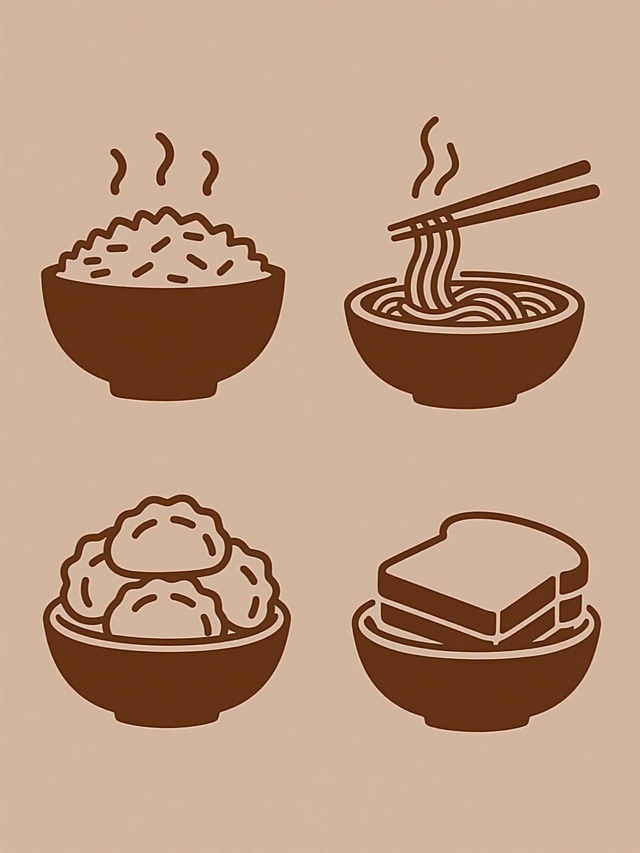 四个棕色剪影风格食物图标规整排布在纯色背景上，均采用相同的粗线条手绘风格，以碗状容器为基础元素，配色简洁统一。第一个图标是热气腾腾的米饭，碗中盛满饱满的米粒，顶部有几缕向上飘升的热气线条；第二个图标是冒着香气的面汤，碗里面条缠绕，一双筷子从碗中挑起部分面条，热气从汤面袅袅升起；第三个图标是堆叠的饺子，数个半月形饺子整齐堆叠在碗中，展现出饱满的轮廓；第四个图标是切片的面包，几片矩形面包片有序叠放在碗状容器内，边缘清晰。所有图标均采用统一的剪影处理和轮廓线条，整体呈现协调一致的系列感。