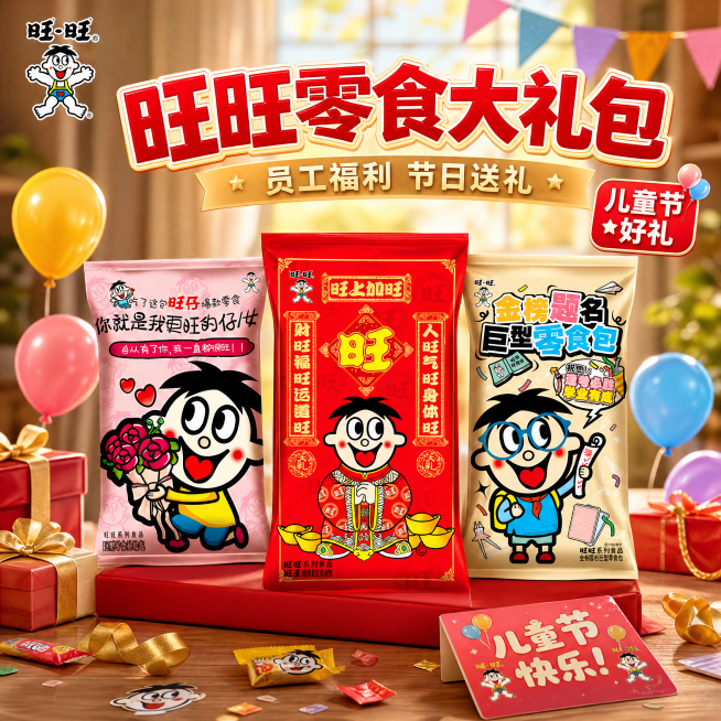 [主图-1] 旺旺零食大礼包首图，突出员工福利节日送礼卖点。[氛围风格] 喜庆欢乐的节日送礼氛围，食欲感充足；[画质] 商业摄影质感，光线柔和通透，产品清晰真实，画面干净高级。[元素] 旺旺零食大礼包预览效果