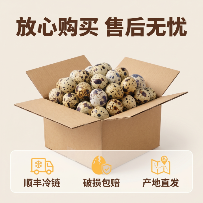 [主图5] 服务承诺保障图，展示顺丰冷链与售后保障，打消消费者顾虑。画面中心摆放整箱鹌鹑蛋产品，周围搭配服务保障图标，底部展示清晰承诺文案。保持产品包装和鹌鹑蛋外观与输入参考图一致，主体占比约65%，预览效果