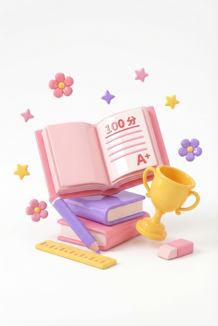 3D 卡通风格，组合场景，叠加组合，粉色打开的书本上放着满分试卷，搭配紫色铅笔、黄色奖杯、尺子和橡皮，周围点缀花朵和星星，釉面光滑质感，暖粉马卡龙配色，纯白背景，C4D 渲染，学习荣誉风预览效果