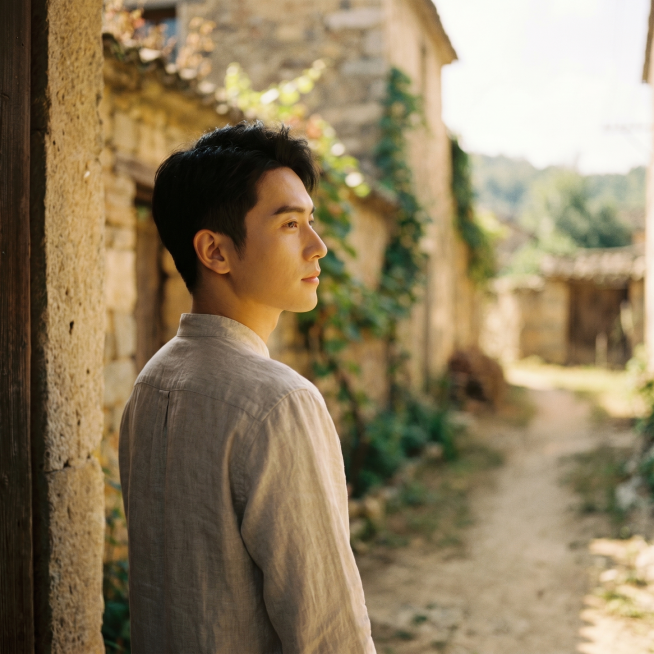一位英俊的年轻男子，气质沉稳冷静，身着朴素的亚麻服饰，站在乡村庭院门口，背对镜头或侧脸，柔和的自然光洒在他的脸上，呈现出复古的胶片质感，温暖的黄色调，背景虚化，人像构图，高品质，胶片颗粒感十足。预览效果