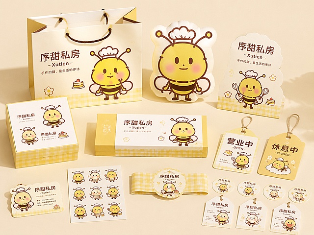 参考图中的蜜蜂厨师IP形象，为序甜私房品牌设计一套完整IP物料，展示在同一个画面里有序陈列。包含异形名片，多个表情包贴纸套装，方形蛋糕包装盒，手提袋，长方形甜品盒，甜品盒腰封，封口贴，甜品标签，欢迎牌，休息中与营业中挂牌，毛绒抱枕。所有物料都延展使用参考图的可爱蜜蜂IP元素，统一品牌风格，呈现品牌名"序甜私房"，英文名"Xutien"，品牌标语"手作的甜，是生活的序诗"。风格可爱童趣，专业布光，专业产品实景摄影，背景干净，契合可爱甜品品牌包装定位，专业品牌视觉氛围，突出产品多样性与品牌一致性。
