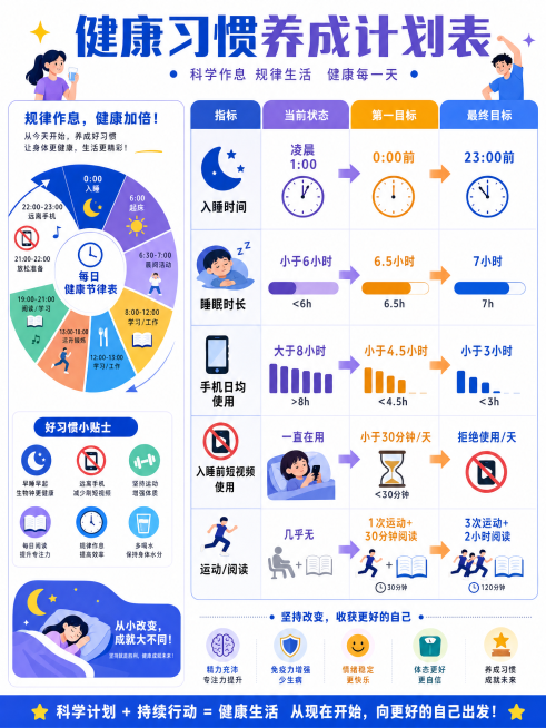 信息图表，参考第一张示例图的扁平插画风格，色彩明亮，展示第二张表格中我的健康习惯改善目标数据：标题为"健康习惯养成计划表"，包含5项指标：入睡时间（当前凌晨1:00，第一目标0:00前，最终目标23:预览效果