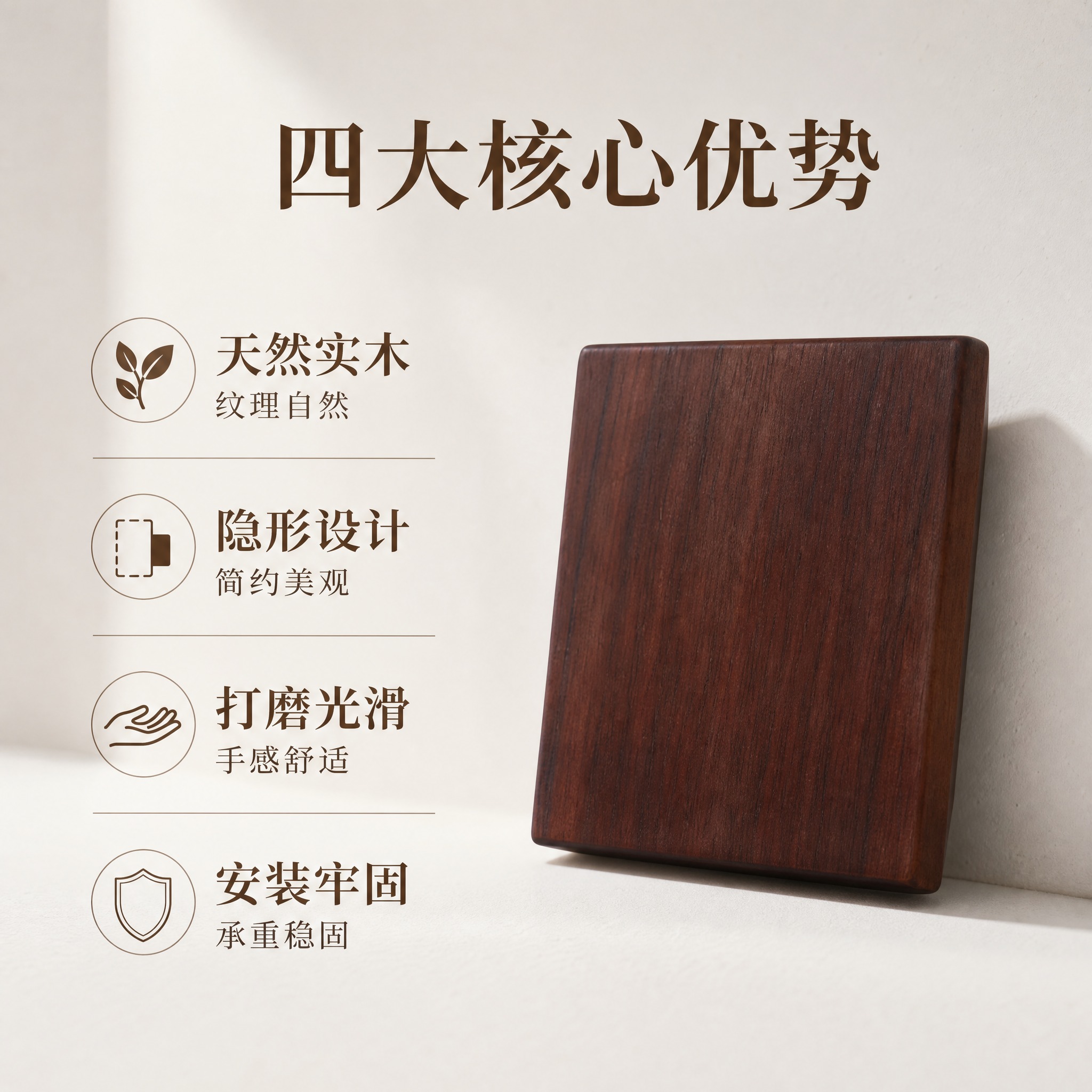 淘宝电商主图第2张，实木拉手卖点图。原木自然简约风格，浅米白背… - 图片创意预览