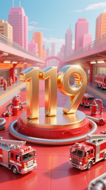 巨大的金色 “119” 立体数字立在带有红色装饰的圆形展台上，周围有消防车、消防器材、水管等元素，背景地铁站，城市建筑群在后方若隐若现，大量红色搭配粉、橙、蓝为主色调，红色地面，宣传氛围预览效果