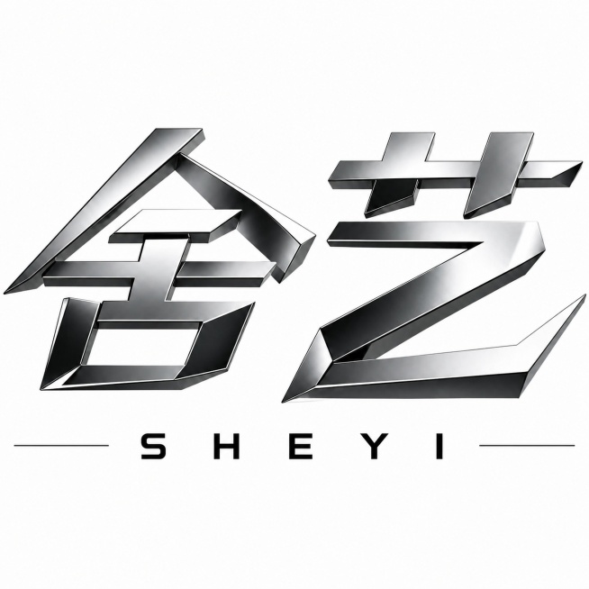 基于参考图再次修改，将底部英文"SHEYI"继续放大，保持英文两端与整体设计两边对齐，保持"舍""艺"平行横向排列，保留3D立体金属质感和干净纯白背景，文字完整不裁切。预览效果
