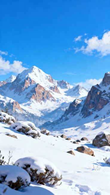 生成这种近处是雪地，远处是雪山，镜头是由近道远的竖版图片，游戏场景原画的风格预览效果