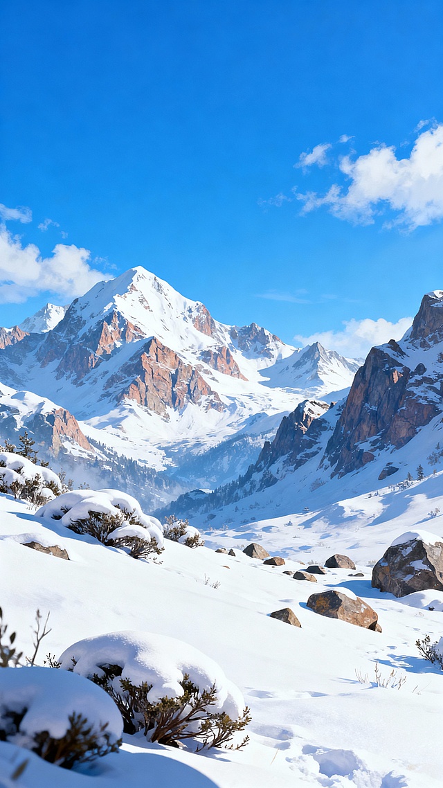 生成这种近处是雪地，远处是雪山，镜头是由近道远的竖版图片，游戏场景原画的风格