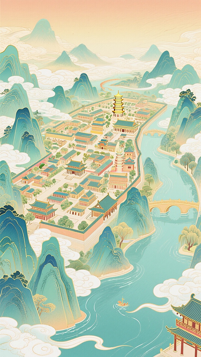 一个有山有水的古代长安城市手绘图，层次分明，只此青绿的色调，五彩斑斓，景色尽在眼底，壮阔雄伟，令人震撼，城市鸟瞰图，云雾环绕，仙气缥缈