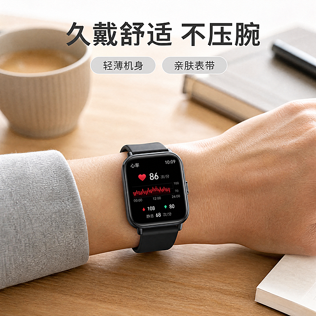 [主图-2] 智能健康监测表佩戴舒适卖点展示图。
[氛围风格] 生活化佩戴场景，简约自然质感；
[画质] 商业摄影质感，超写实渲染，光线柔和通透，产品清晰真实，画面干净高级。
[元素] 年轻男士手腕佩戴智能健康监测表，自然展示日常佩戴状态，突出轻薄机身贴合适配手腕曲线，表带亲肤贴合。背景为简约浅原木色书桌桌面，摆放简约咖啡杯和笔记本，营造日常休闲工作氛围。商品主体（手腕+手表）占比约65%，画面满屏无边框。
[光影] 柔和室内自然光，从侧面入射，光线均匀，表带和机身材质纹理清晰，阴影自然不生硬。
[配色] 主色调暖木色浅灰，清新自然，手表深色机身形成视觉焦点。
[视角构图] 平视特写手腕区域，景深适中，背景虚化突出佩戴主体。
[文字版式] 顶部主标题大字“久戴舒适 不压腕”，深灰色粗体居中；下方两个圆角胶囊卖点标签，分别标注“轻薄机身”“亲肤表带”，浅灰色底深灰色字，分组清晰简洁。
[比例分辨率] 1:1 比例，4k分辨率，文字清晰锐利，画面超高清。
[负向提示词] 变形，水印，文字错乱，产品图模糊，背景杂乱，价格信息出现