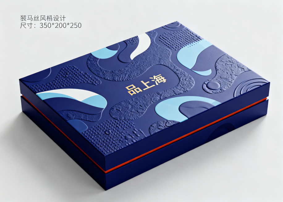 将“品上海”文字替换为更具个性的特色字体，盒子尺寸调整为350*200*250，保持低饱和深宝蓝色底色、适配的抽象图案、凹凸肌理效果与爱马仕丝巾风格配色预览效果