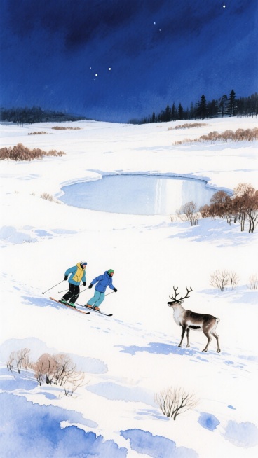 背景是苍茫的雪原，积雪无垠的平原出现在深蓝色夜空下，中景是一汪银白的冰泡湖，周围环绕着枯寂的矮树丛，部分灌木呈现出暗棕色，前景有一对穿着滑雪服的爱好者在雪地上滑行，右下角有一匹驯鹿。预览效果