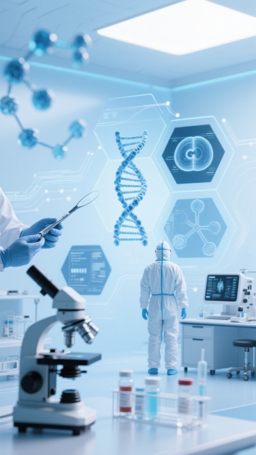 医疗科技感背景，高清写实风格，以蓝色和白色为主色调，柔和明亮的光线从上方照射，营造出洁净、专业、充满希望的氛围。画面中心可替换为不同形态的医疗场景元素，如：显微镜下的细胞结构、DNA双螺旋模型、手术器械特写、药剂师调配药物的手部动作、医学影像图（CT、MRI）的可视化呈现、疫苗研发实验室的精密仪器、医护人员身着防护服的背影、智能医疗设备的界面展示等。背景融入半透明的六边形几何图形、数据流线条、……预览效果