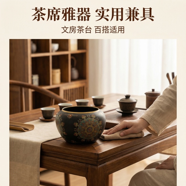 [主图 4] 场景使用展示主图，[氛围/风格] 新中式茶空间氛围感，闲适雅致茶室日常。[画面元素] 保持珐琅水盂产品主体不变，放置于完整中式茶桌一角，周围搭配盖碗、品茗杯，一位手穿棉麻素衣的手正在进行预览效果