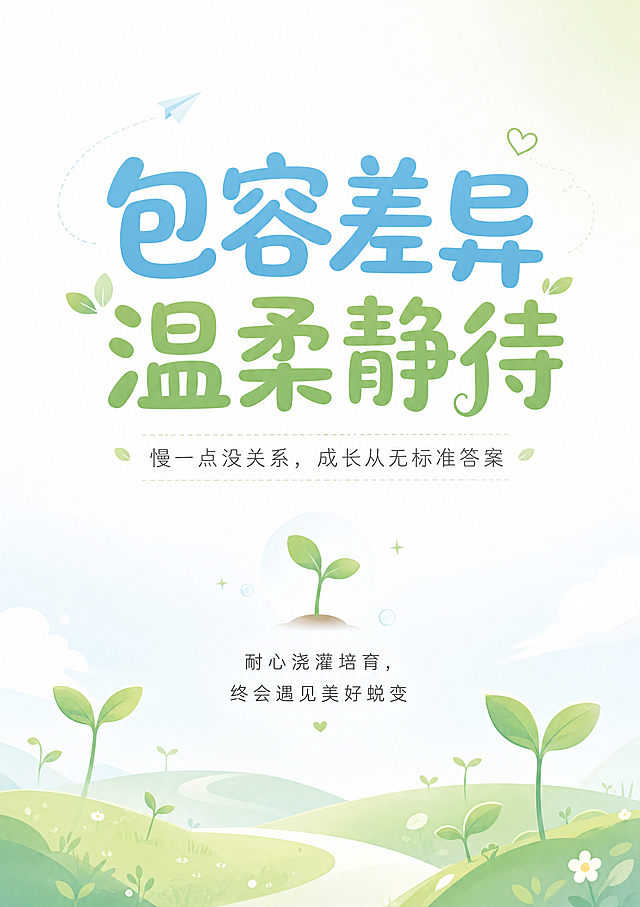 校区走廊墙面装饰海报，整体风格简约高级、干净清爽、治愈童趣，排版留白充足大气简洁。主色调纯白色、清爽浅蓝、清新浅绿，高明亮浅底色，颜色干净透亮整体提亮。搭配极简简约卡通元素，画面精简不杂乱。标题圆润加粗醒目大气，正文纤细柔和，全篇字体统一排版通透。画质高清。尺寸比例竖版，48.5宽*68高，主标题"包容差异 温柔静待"，副标题"慢一点没关系，成长从无标准答案"，正文"耐心浇灌培育，终会遇见美好蜕变"，白+浅绿渐变明亮底色，画面搭配简约生长花苗，浅色干净渐变