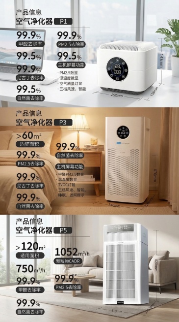 保留所有产品信息、产品尺寸和文字内容不变，P1空气净化器产品图片更换背景为简洁办公桌面，P3空气净化器更换背景为温馨卧室，P5空气净化器更换背景为现代客厅，整体风格自然融合，排版保持从上到下不变预览效果