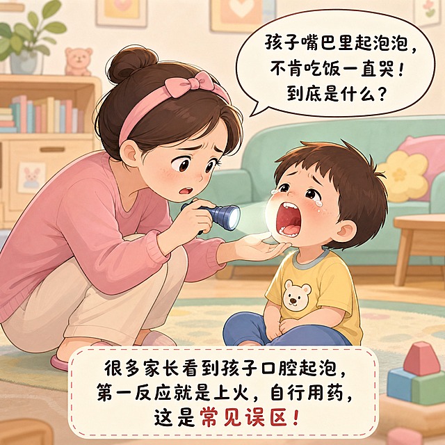 儿童科普漫画第二格，温和卡通风格，室内居家场景，一位年轻宝妈蹲在地上，手里拿着小手电筒，正查看面前小朋友的口腔，宝妈眉头紧锁一脸紧张发愁的表情，小朋友张着嘴巴，宝妈旁边有台词气泡写着"孩子嘴巴里起泡泡，不肯吃饭一直哭！到底是什么？"，画面底部有旁白文字框写着"很多家长看到孩子口腔起泡，第一反应就是上火，自行用药，这是常见误区！"，温暖柔和色调，马卡龙色系